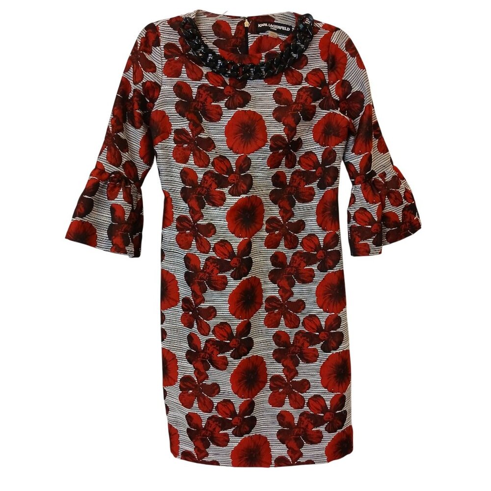 Karl Lagerfeld Paris Womens Size 4 Floral Bell Sleeve Dress W/ Chain Accent #H10